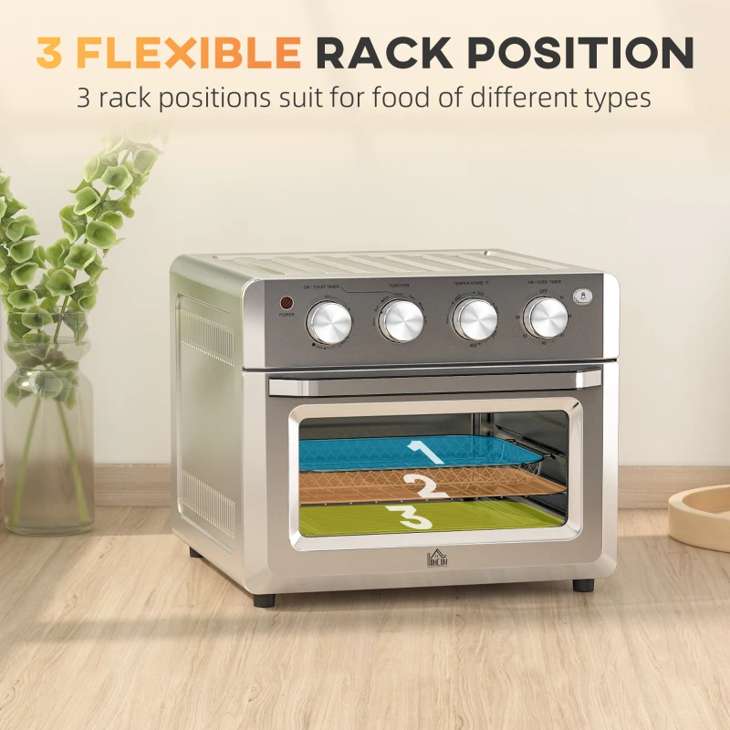 HOMCOM 7-in-1 Toaster Oven, 21 Qt 4-Slice Convection Oven with Warm, Broil, Toast, Bake Air Fryer Setting 60min Timer, Adjustable Thermostat, 3 Crust Shades, and 4 Accessories 1550W for Countertop