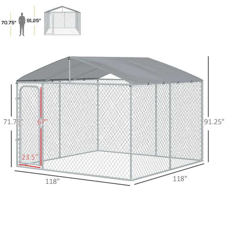 PawHut Outdoor Dog Kennel Galvanized Steel Fence with Cover Secure Lock Mesh Sidewalls for Backyard 9.8' x 9.8' x 7.7'