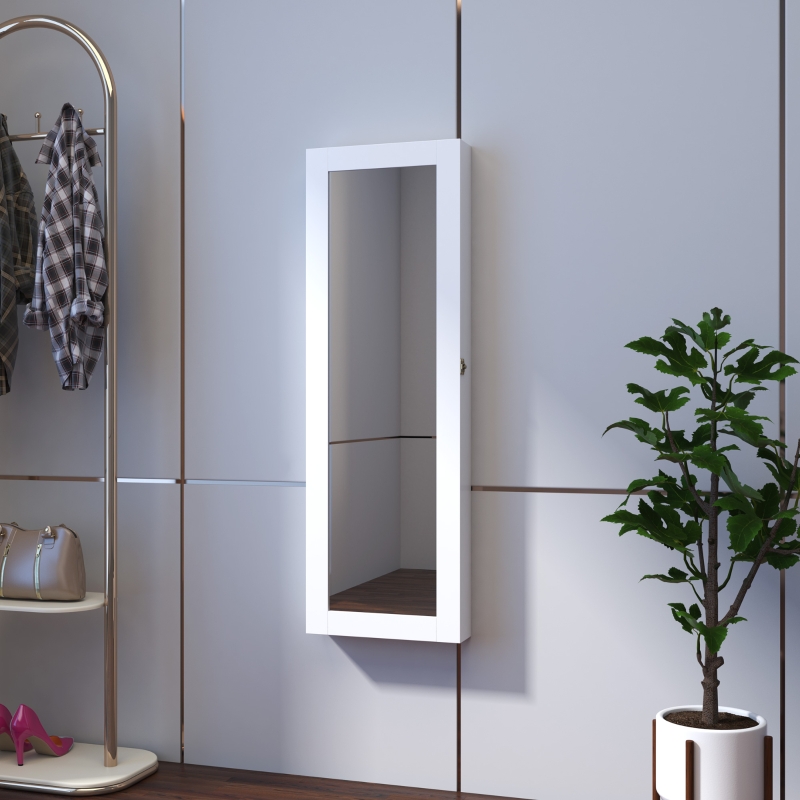 HOMCOM White Mirrored Jewelry Cabinet Hanging Wall Mount Real Glass Mirror Locked, White
