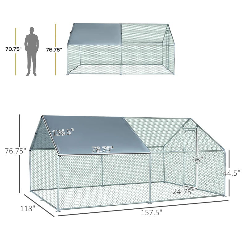 PawHut Large Chicken Coop Metal Chicken Run for Chickens with Waterproof and Anti-U Cover, Spire Shaped Walk in Fence Cage Hen House for Outdoor and Yard Farm Use, 1.26" Dia, 9.8' x 13.1' x 6.4'