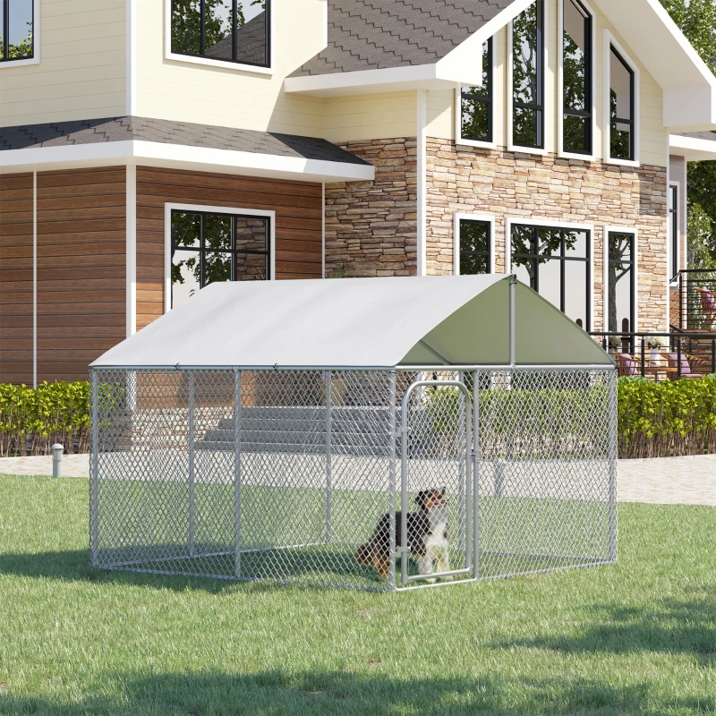PawHut Outdoor Dog Kennel Galvanized Steel Fence with Cover Secure Lock Mesh Sidewalls for Backyard 9.8' x 9.8' x 7.7'