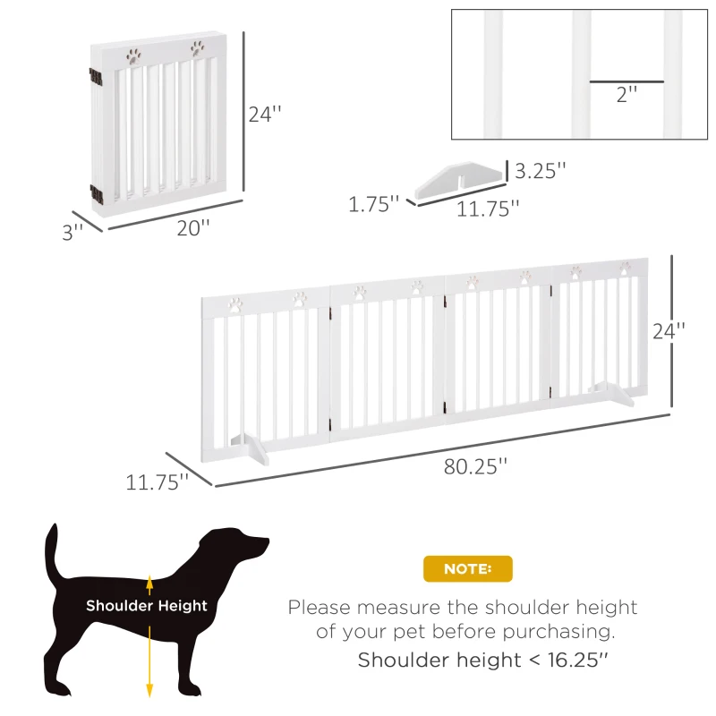 PawHut Freestanding Pet Gate 4 Panel Folding Wooden Dog Barrier w/ Support Feet, White