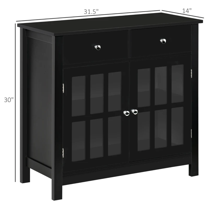 HOMCOM Sideboard Buffet Cabinet, Storage Cupboard with Glass Doors, Adjustable Shelf and 2 Drawers for Kitchen, Black
