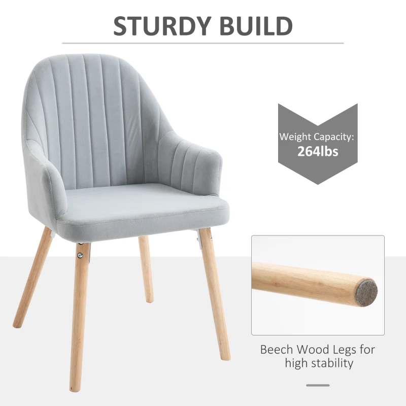 HOMCOM Velvet Dining Chairs Set of 2, Fabric Upholstered Leisure Accent Chairs with Solid Rubber Legs for Kitchen, Living Room, Bedroom, Grey