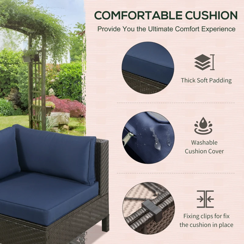 Outsunny Patio Furniture Set, 9 Piece Outdoor Sectional Sofa, All-Weather PE Rattan Wicker Conversation Set with Chairs, Ottoman, Loveseat, Coffee and Side Table, Cushions, Navy Blue
