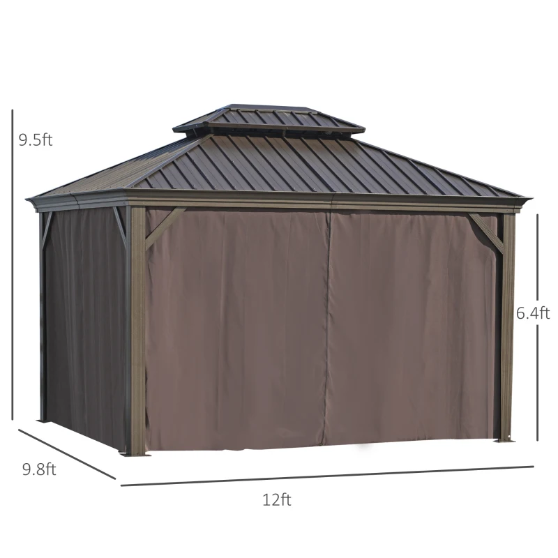 Outsunny 10' x 12' Hardtop Gazebo Canopy with Galvanized Steel Double Roof, Aluminum Frame, Permanent Pavilion Outdoor Gazebo with Netting and Curtains for Patio, Garden, Backyard, Deck, Lawn, Brown