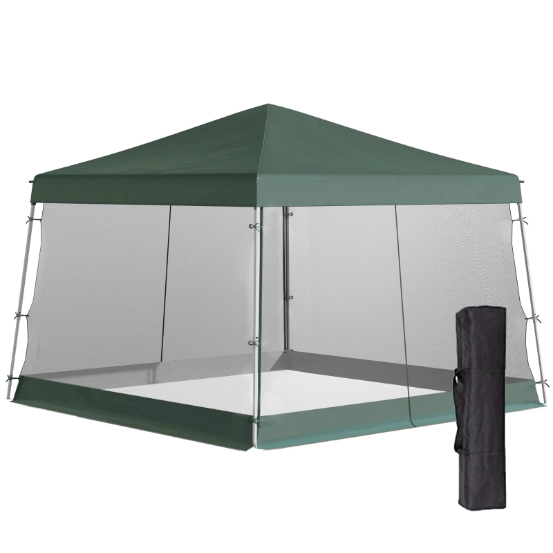 Outsunny 12' x 12' Pop Up Canopy, Foldable Canopy Tent with Carrying Bag, Mesh Sidewalls and 3-Level Adjustable Height for Outdoor, Garden, Patio, Party, Green
