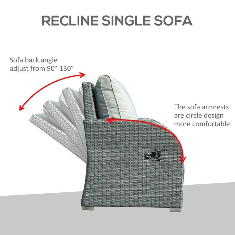 Outsunny 6-PCs Patio Furniture Sets Outdoor Wicker Sofa Set Rattan Angle Adjustable Recline Single Chair Conversation Set, Ottomans, w/ Polyester Tea Table Gas Spring  & Soft Washable Cushions, Grey