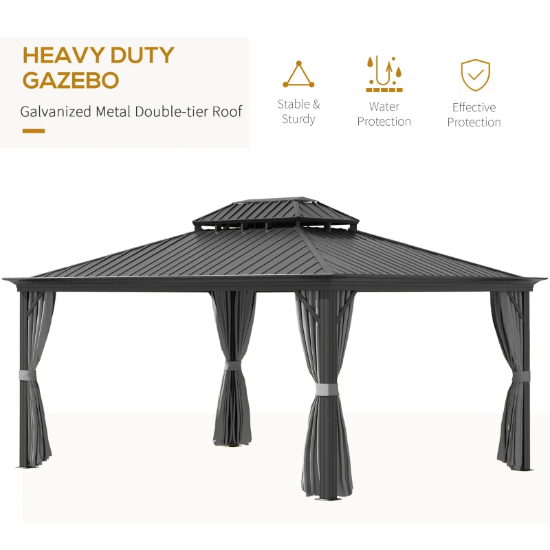 Outsunny 16' x 12' Hardtop Patio Gazebo, 2-Tier Galvanized Steel Roof, Grey - Elegant Shelter for Outdoor Living Spaces