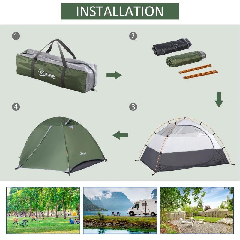 Outsunny 2 Person Camping Tent Dome Tent with Waterproof Polyester Rain Cover, 4 Mesh Windows for Air, & Carry Bag