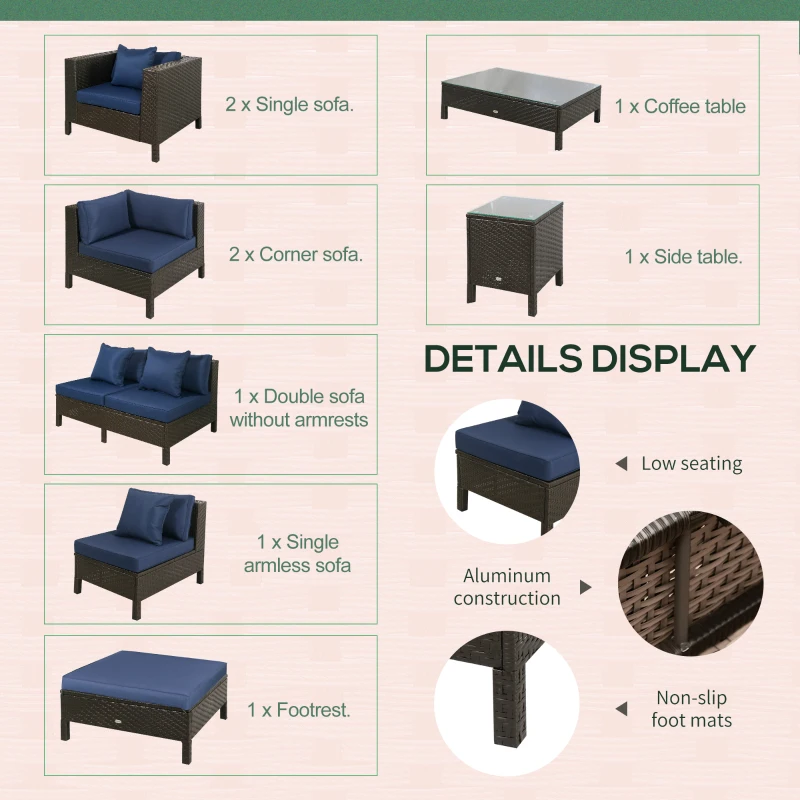 Outsunny Patio Furniture Set, 9 Piece Outdoor Sectional Sofa, All-Weather PE Rattan Wicker Conversation Set with Chairs, Ottoman, Loveseat, Coffee and Side Table, Cushions, Navy Blue