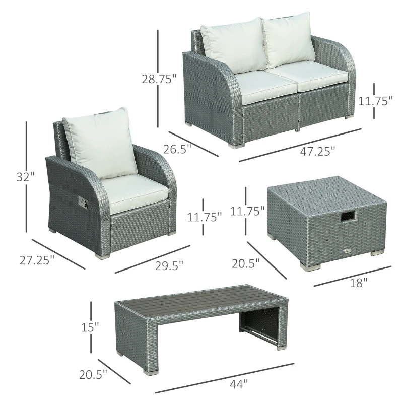 Outsunny 6-PCs Patio Furniture Sets Outdoor Wicker Sofa Set Rattan Angle Adjustable Recline Single Chair Conversation Set, Ottomans, w/ Polyester Tea Table Gas Spring  & Soft Washable Cushions, Grey