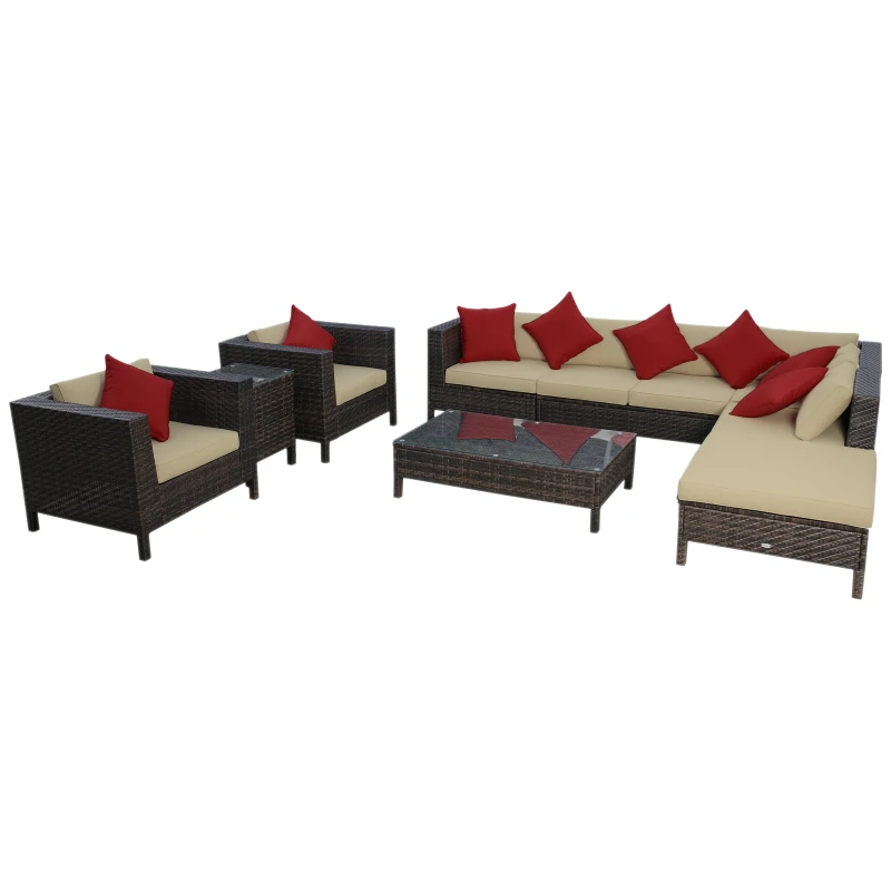 Outsunny Patio Furniture Set, 9 Piece Outdoor Sectional Sofa, All-Weather PE Rattan Wicker Conversation Set with Chairs, Ottoman, Loveseat, Coffee & Side Table, Cushions
