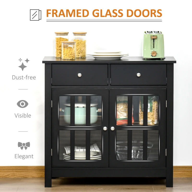 HOMCOM Sideboard Buffet Cabinet, Storage Cupboard with Glass Doors, Adjustable Shelf and 2 Drawers for Kitchen, Black