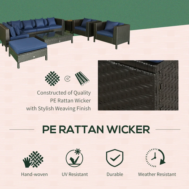 Outsunny Patio Furniture Set, 9 Piece Outdoor Sectional Sofa, All-Weather PE Rattan Wicker Conversation Set with Chairs, Ottoman, Loveseat, Coffee and Side Table, Cushions, Navy Blue