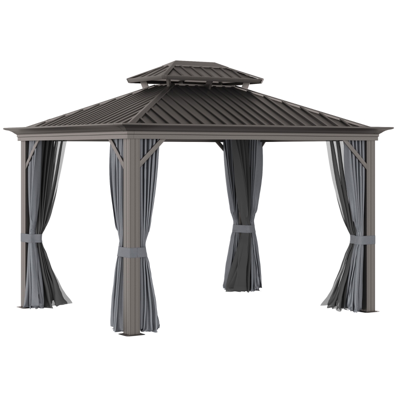 Outsunny 10x12 Hardtop Gazebo with Aluminum Frame, Permanent Metal Roof Gazebo Canopy with Curtains and Netting for Gardens, Patios, Backyards, Charcoal Grey