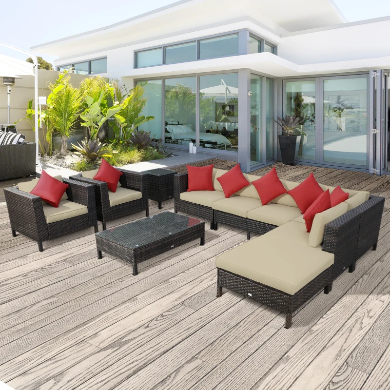 Outsunny Patio Furniture Set, 9 Piece Outdoor Sectional Sofa, All-Weather PE Rattan Wicker Conversation Set with Chairs, Ottoman, Loveseat, Coffee & Side Table, Cushions