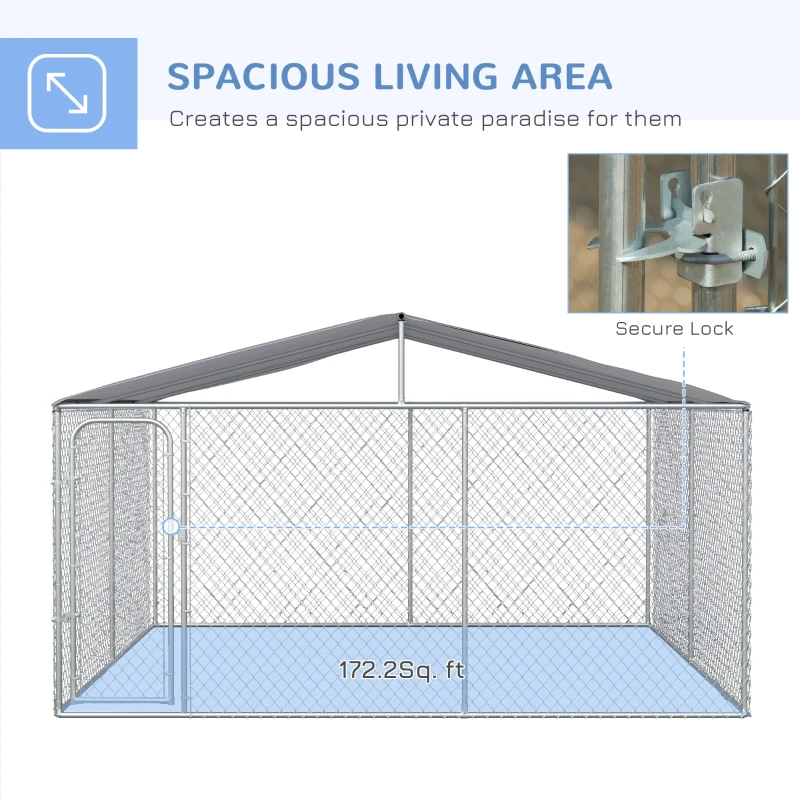 PawHut Outdoor Dog Kennel Galvanized Steel Fence with Cover Secure Lock Mesh Sidewalls for Backyard 157.5" x 157.5" x 91.25"