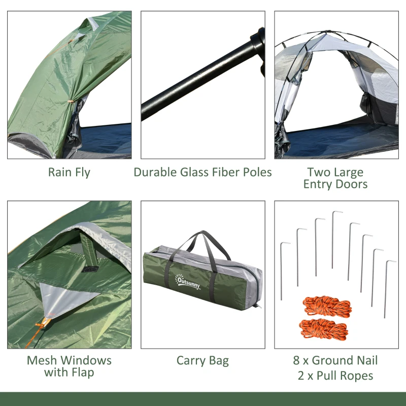 Outsunny 2 Person Camping Tent Dome Tent with Waterproof Polyester Rain Cover, 4 Mesh Windows for Air, & Carry Bag