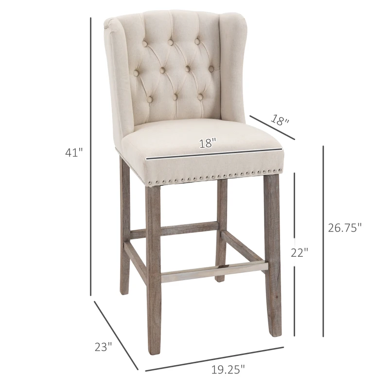 HOMCOM Counter Height Bar Stools Set of 2, Upholstered 26.75" Seat Height Barstools, Breakfast Chairs with Nailhead-Trim & Tufted Back, Wood Legs, Beige