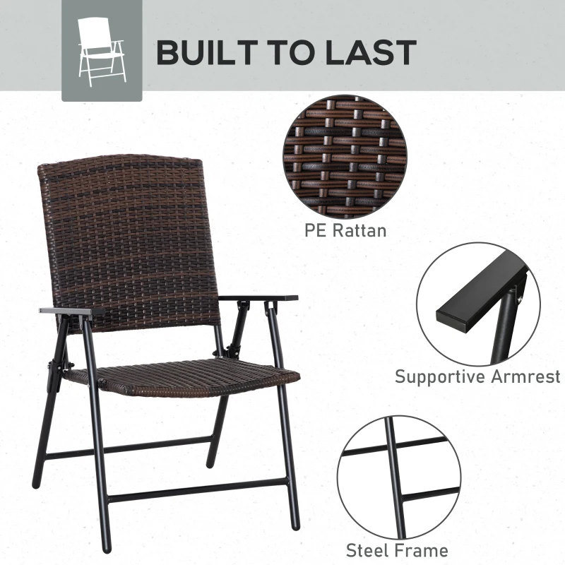 Outsunny Folding Patio Chair Set of 4, Rattan Folding Chairs with Armrest, Steel Frame for Outdoors, Camping, Mixed Brown