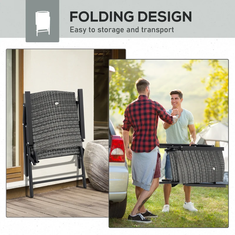 Outsunny PE Plastic Rattan Folding Chair Set, 4 Pack, Outdoor Wicker Seats w/ Armrests, Steel Frame, Mixed Grey