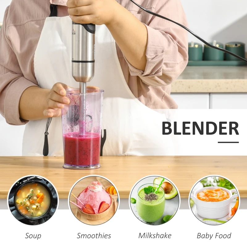 HOMCOM Immersion Hand Blender, 400W 4-In-1 Handheld Stick Blender with Adjustable Speed, 500ml Chopper, Egg Whisk, 800ml Measuring Cup, Stainless Steel Blades for Smoothie, Baby Food, Sauce, Soup
