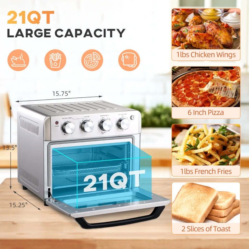HOMCOM 7-in-1 Toaster Oven 21Qt 4-Slice Convection Oven with Warm Broil Toast Bake Air Fryer Setting 60min Timer Adjustable Thermostat 3 Crust Shades 4 Accessories 1550W for Countertop