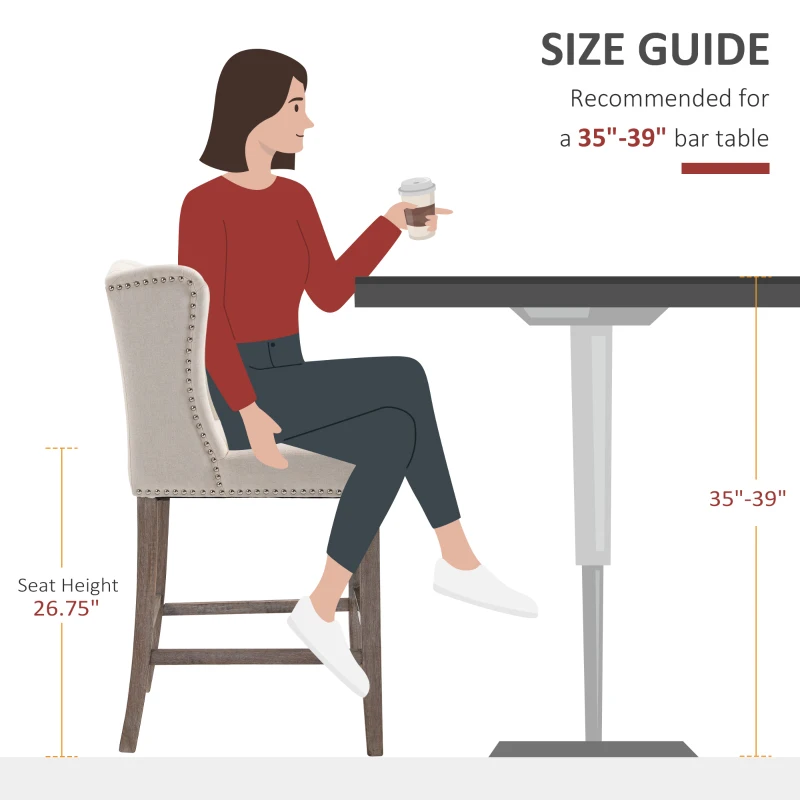 HOMCOM Counter Height Bar Stools Set of 2, Upholstered 26.75" Seat Height Barstools, Breakfast Chairs with Nailhead-Trim & Tufted Back, Wood Legs, Beige