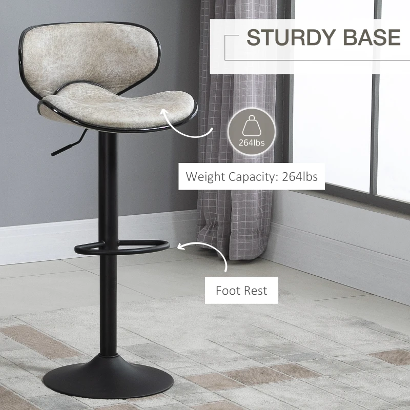 HOMCOM Vintage Bar Stool Set of 2 Microfiber Cloth Adjustable Height Armless Chairs with Swivel Seat, Taupe Grey