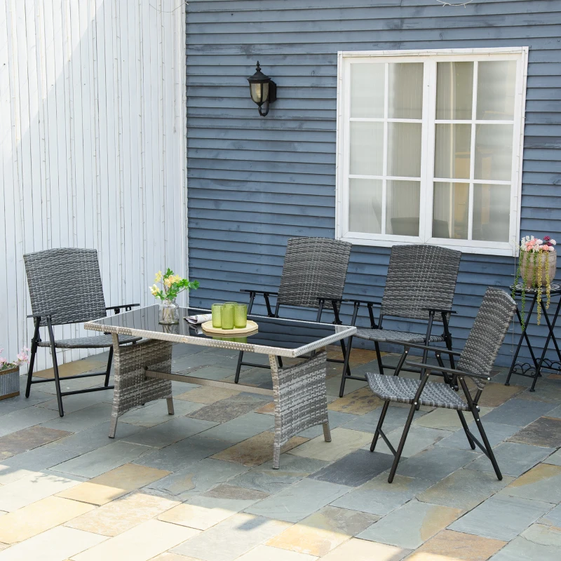 Outsunny PE Plastic Rattan Folding Chair Set, 4 Pack, Outdoor Wicker Seats w/ Armrests, Steel Frame, Mixed Grey