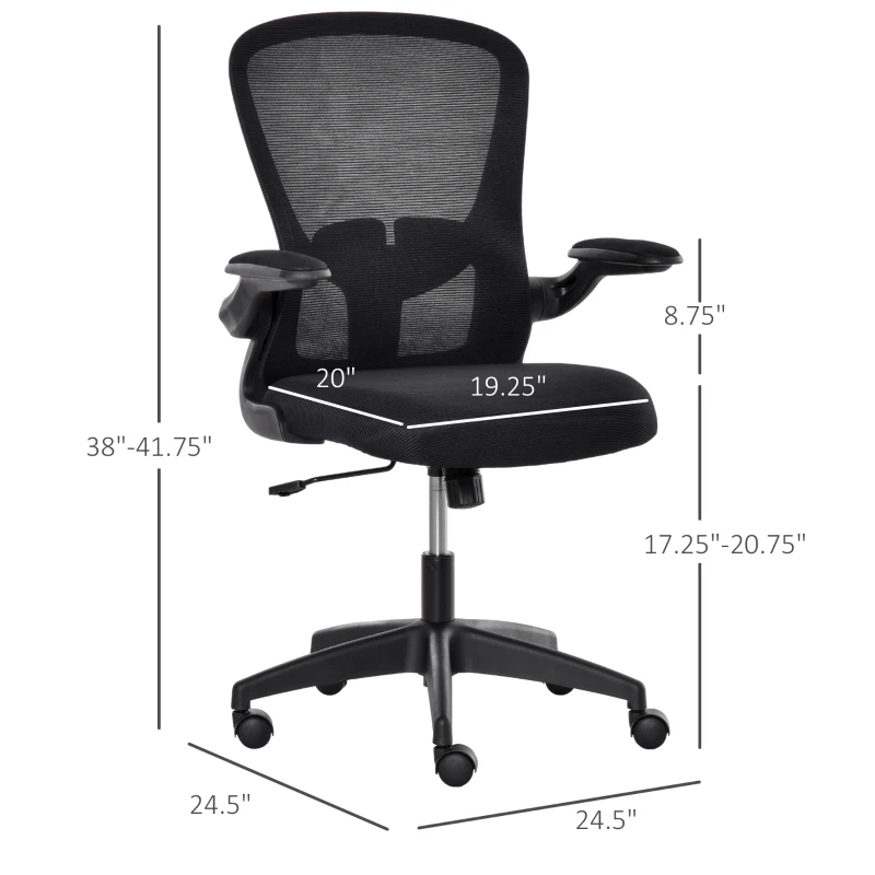 Vinsetto Mesh Office Chair with Flip-up Armrest, Ergonomic Computer Desk Chair with Lumbar Back Support, Tilt Function, Height Adjustable Swivel Seat for Home Office, Black