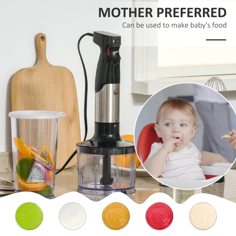 HOMCOM Immersion Hand Blender, 400W 4-In-1 Handheld Stick Blender with Adjustable Speed, 500ml Chopper, Egg Whisk, 800ml Measuring Cup, Stainless Steel Blades for Smoothie, Baby Food, Sauce, Soup