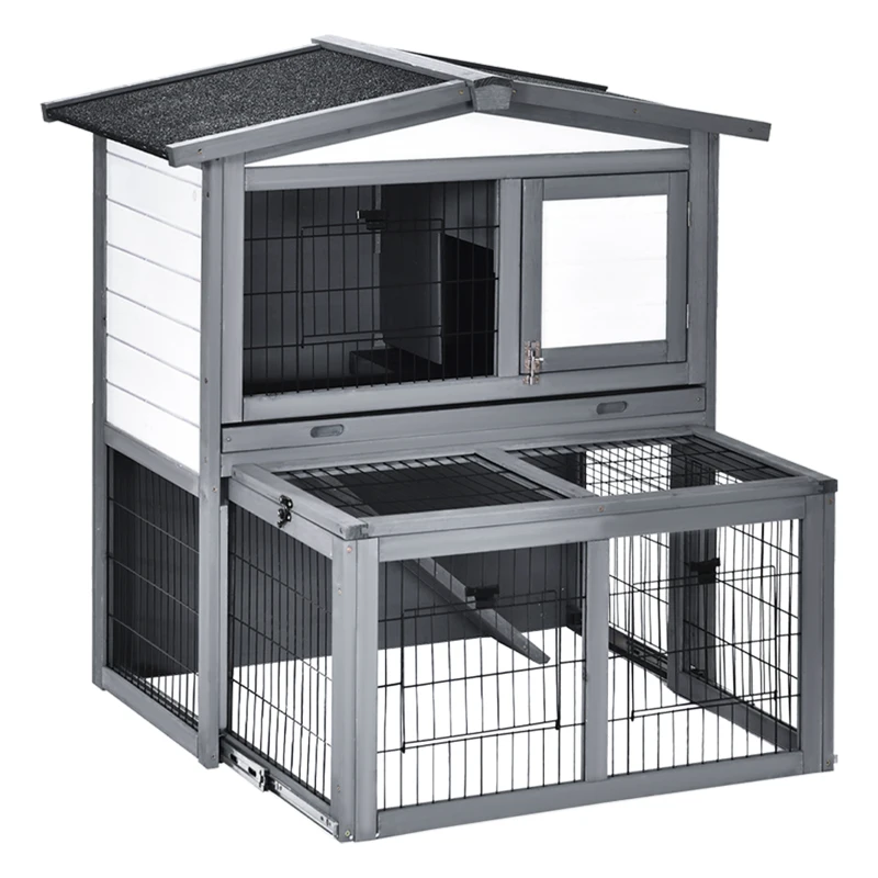 PawHut Deluxe Wooden 2 Story Rabbit Hutch with Slide-Out Outdoor Run, Open Roof