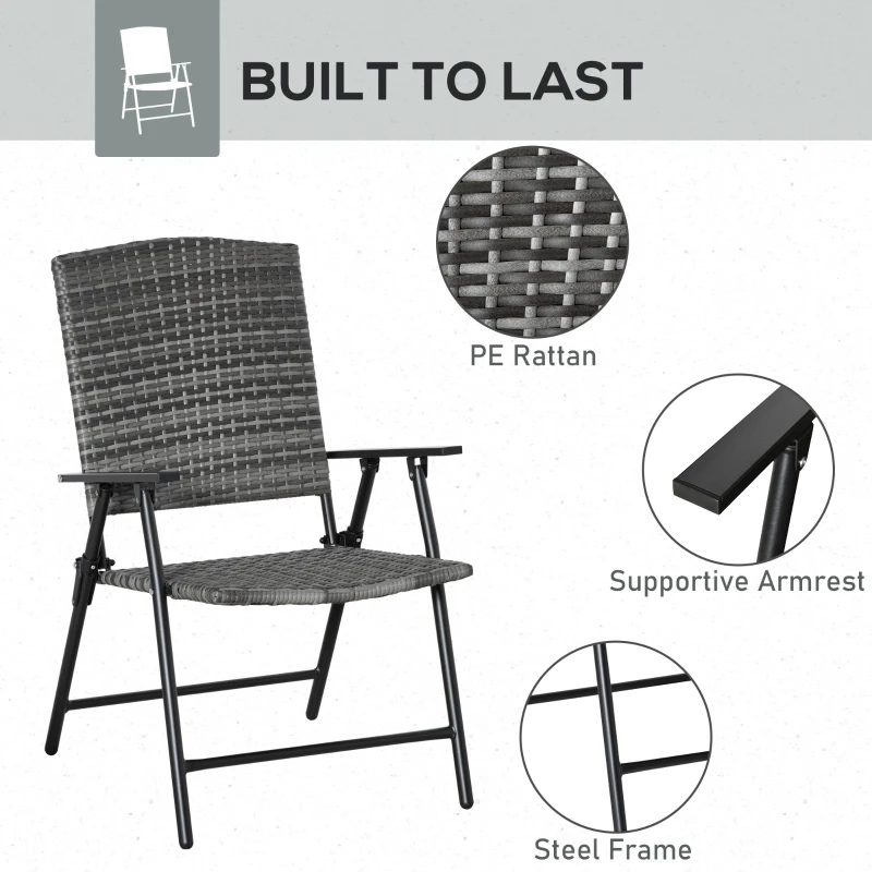 Outsunny PE Plastic Rattan Folding Chair Set, 4 Pack, Outdoor Wicker Seats w/ Armrests, Steel Frame, Mixed Grey