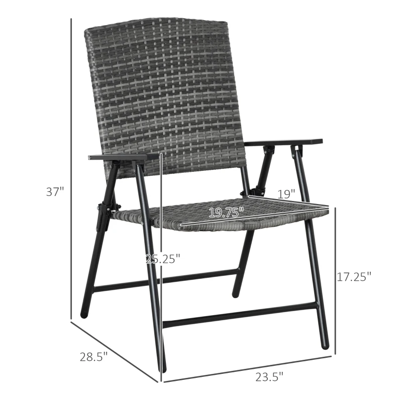Outsunny PE Plastic Rattan Folding Chair Set, 4 Pack, Outdoor Wicker Seats w/ Armrests, Steel Frame, Mixed Grey
