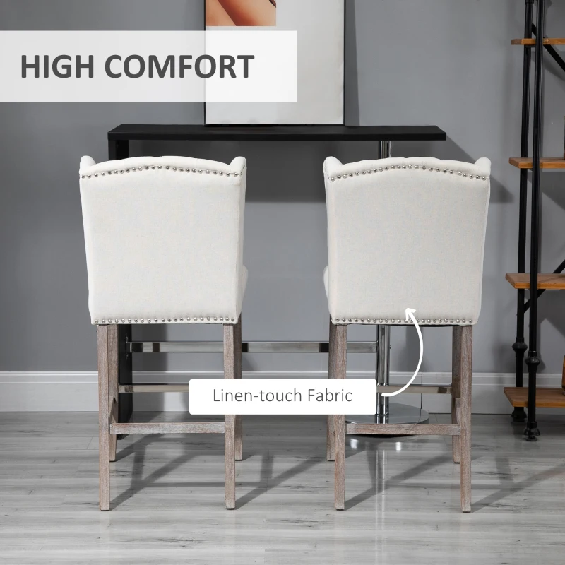 HOMCOM Counter Height Bar Stools Set of 2, Upholstered 26.75" Seat Height Barstools, Breakfast Chairs with Nailhead-Trim & Tufted Back, Wood Legs, Beige
