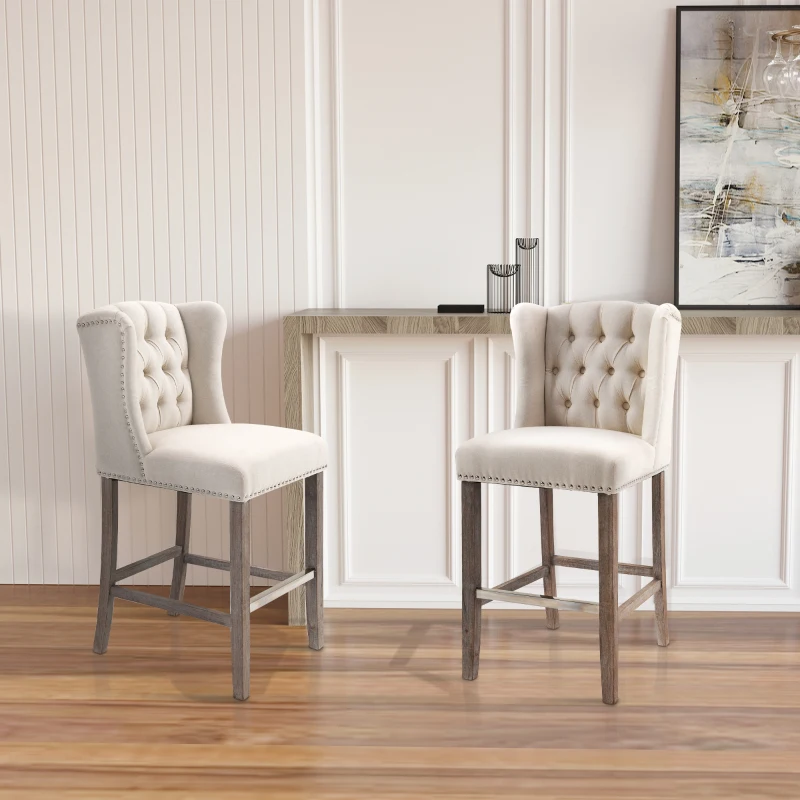 HOMCOM Counter Height Bar Stools Set of 2, Upholstered 26.75" Seat Height Barstools, Breakfast Chairs with Nailhead-Trim & Tufted Back, Wood Legs, Beige