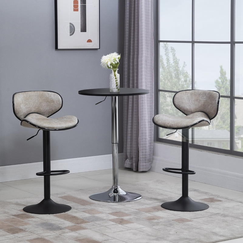 HOMCOM Vintage Bar Stool Set of 2 Faux Leather Adjustable Height Armless Chairs with Swivel Seat, Grey