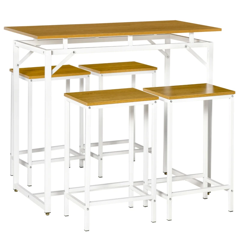 HOMCOM 5 Pieces Bar Table Set, Dining Table Set Breakfast Table with 4 Stools for Dining Room, Homc Kitchen, Oak