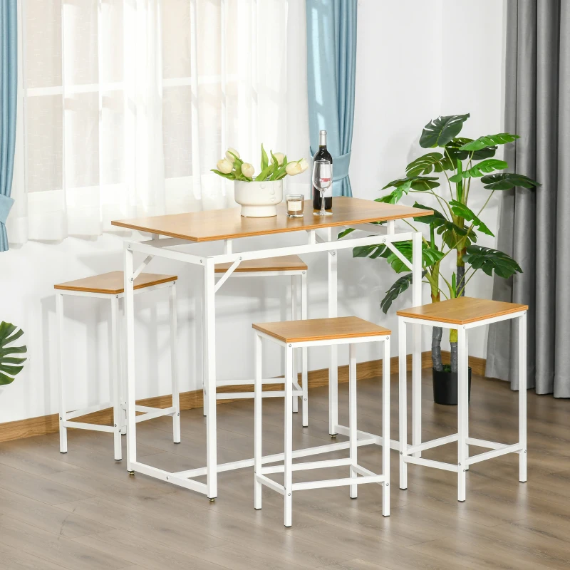 HOMCOM 5 Pieces Bar Table Set, Dining Table Set Breakfast Table with 4 Stools for Dining Room, Homc Kitchen, Oak