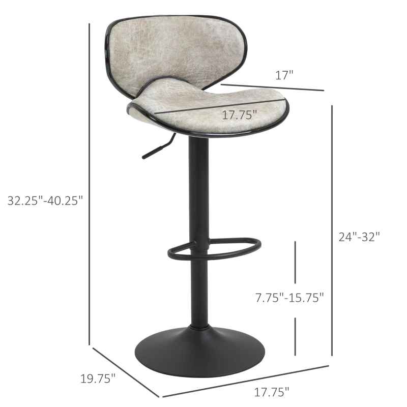 HOMCOM Vintage Bar Stool Set of 2 Microfiber Cloth Adjustable Height Armless Chairs with Swivel Seat, Taupe Grey