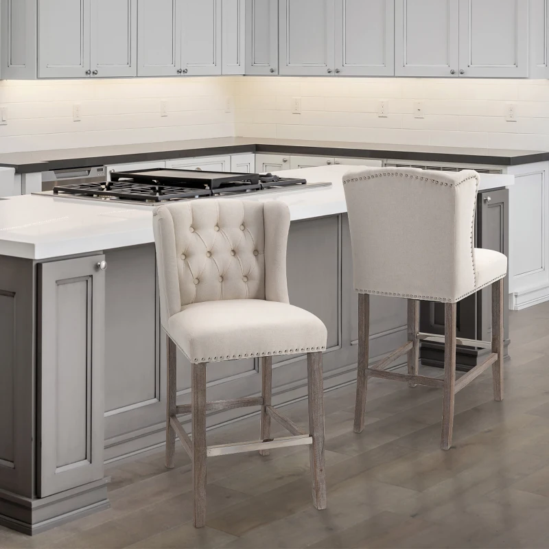 HOMCOM Counter Height Bar Stools Set of 2, Upholstered 26.75" Seat Height Barstools, Breakfast Chairs with Nailhead-Trim & Tufted Back, Wood Legs, Beige