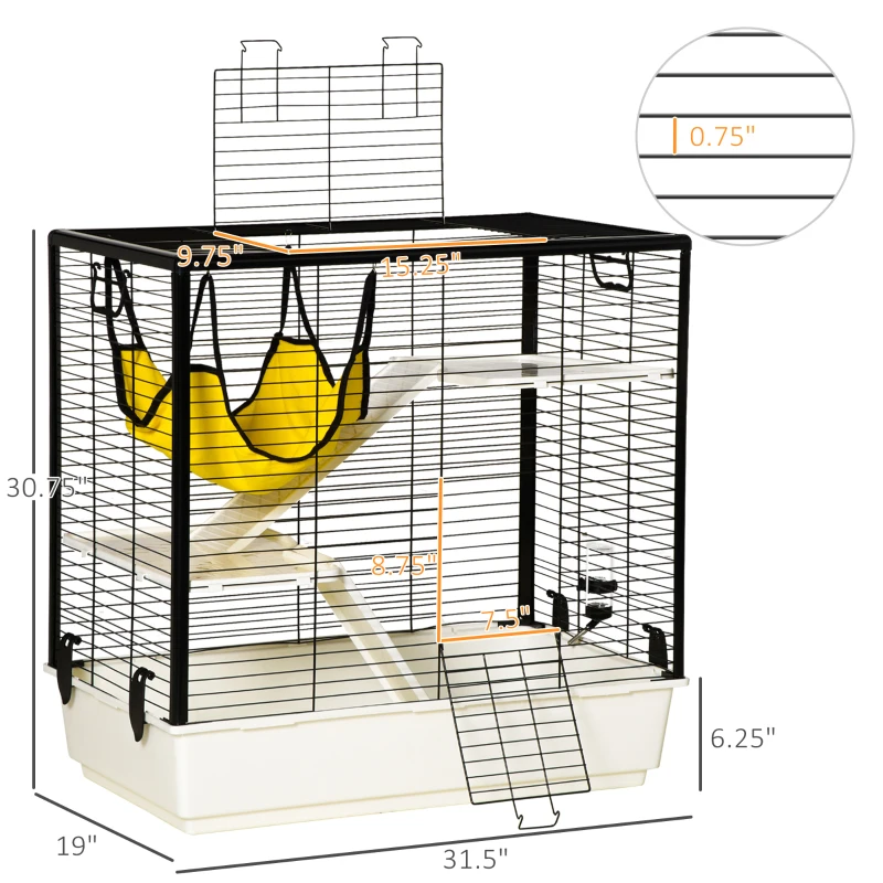 PawHut Rabbit Cage, Portable Small Animal Cage for Chinchilla Adult Rats Large Guinea Pig Mink Ferret with Hammock Water Bottle Food Dish Ramps, 31.5" x 19" x 31"