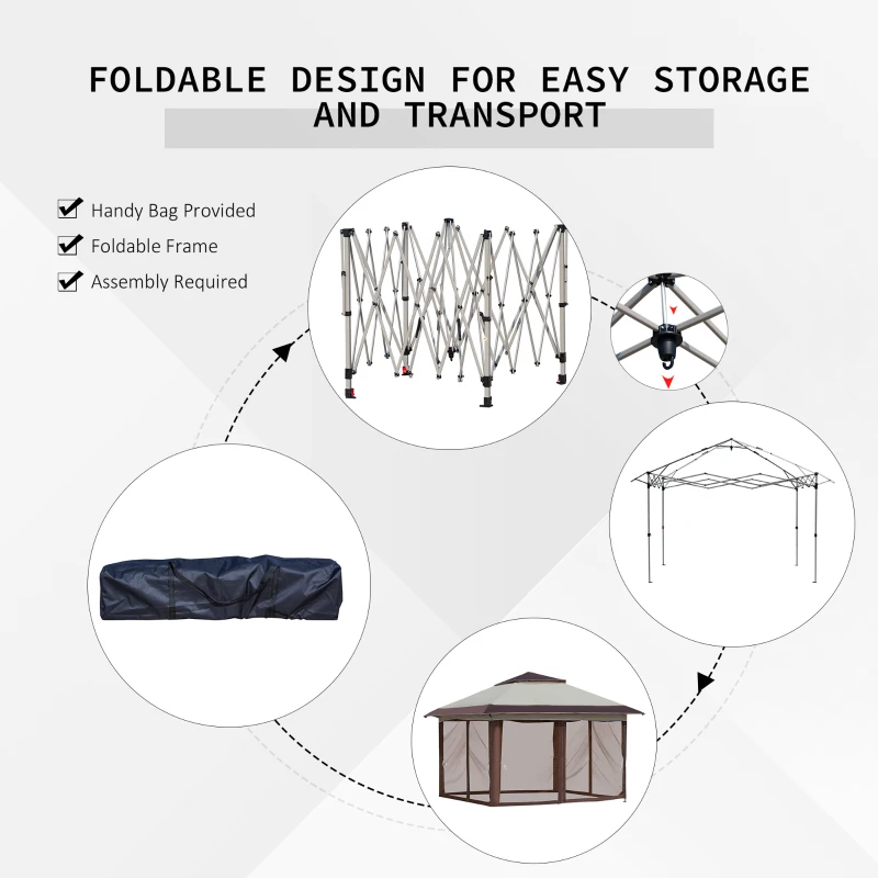 Outsunny 12' x 12' Heavy Duty Pop Up Canopy with Center Lift Hook Design, Mesh Sidewall Netting, 3-Level Adjustable Height and Storage Bag, Beige