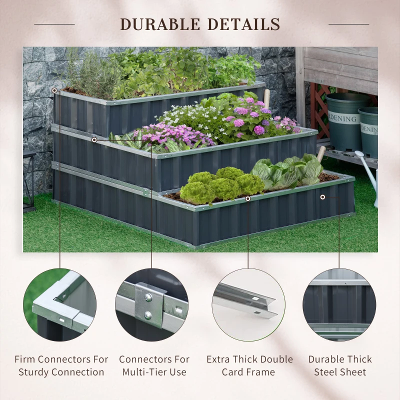 Outsunny 3 Tier Metal Raised Garden Bed, Elevated Planter Box for Growing Vegetables, Herbs, and Flowers, Grey