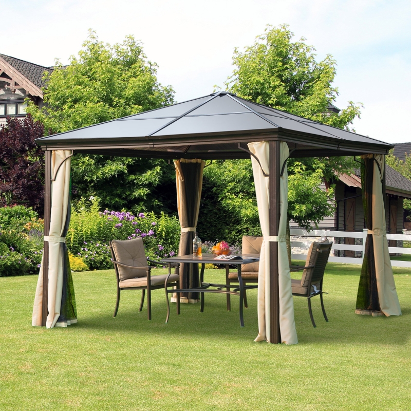 Outsunny 10 x 10 ft Deluxe Hard Top Waterproof Gazebo Canopy Heavy Duty Shelter with Curtains and Mosquito Netting