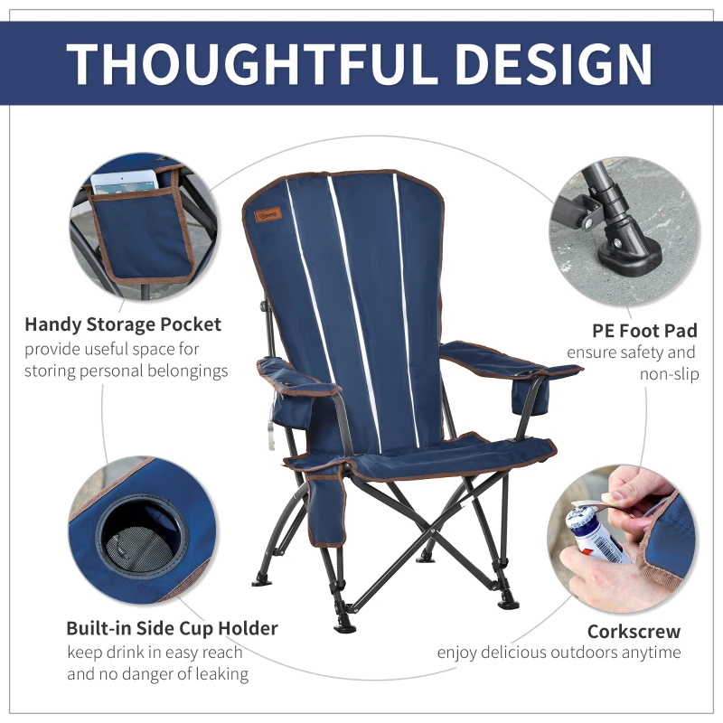 Outsunny Folding Adirondack Chair with padded, Beach Lounge Chair with High Back, Durable Oxford Fabric, Built-In Cup Holder, Bottle Opener, Blue