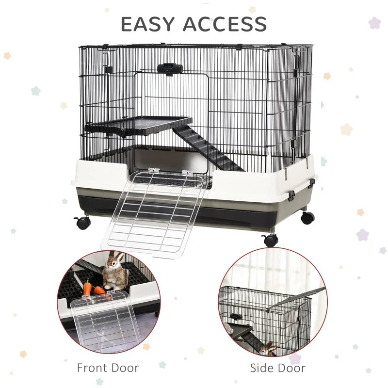 PawHut Spacious Rolling Small Animal Cage, Rabbit Pet Play House with Platform Ramp, Ideal for Indoor Play & Comfort