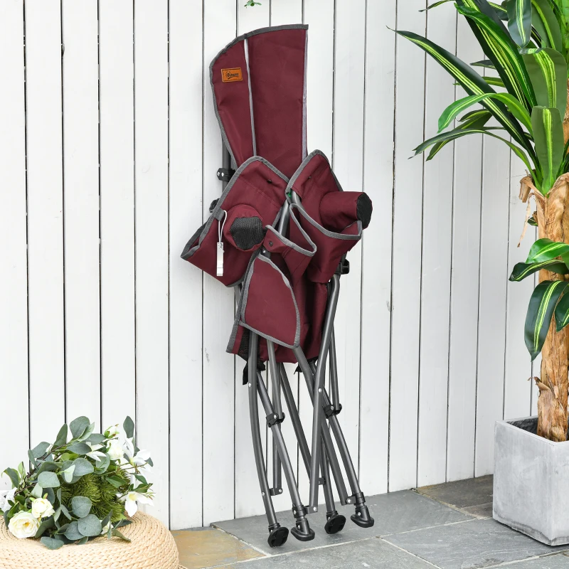 Outsunny Folding Adirondack Chair with padded, Beach Lounge Chair with High Back, Durable Oxford Fabric, Built-In Cup Holder, Bottle Opener, Red